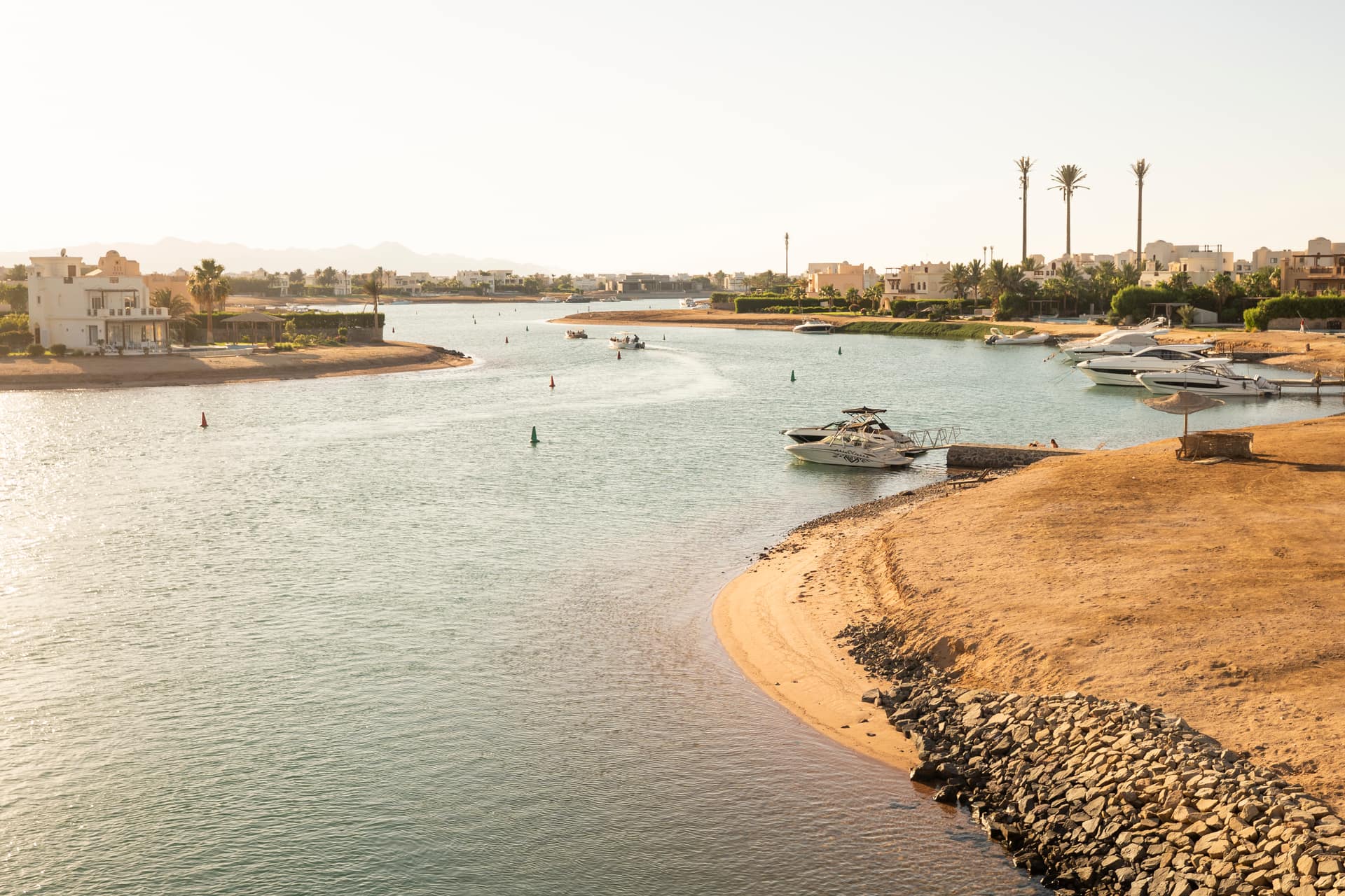 A sand bank and the open lagoon of El Gouna on the Red Sea